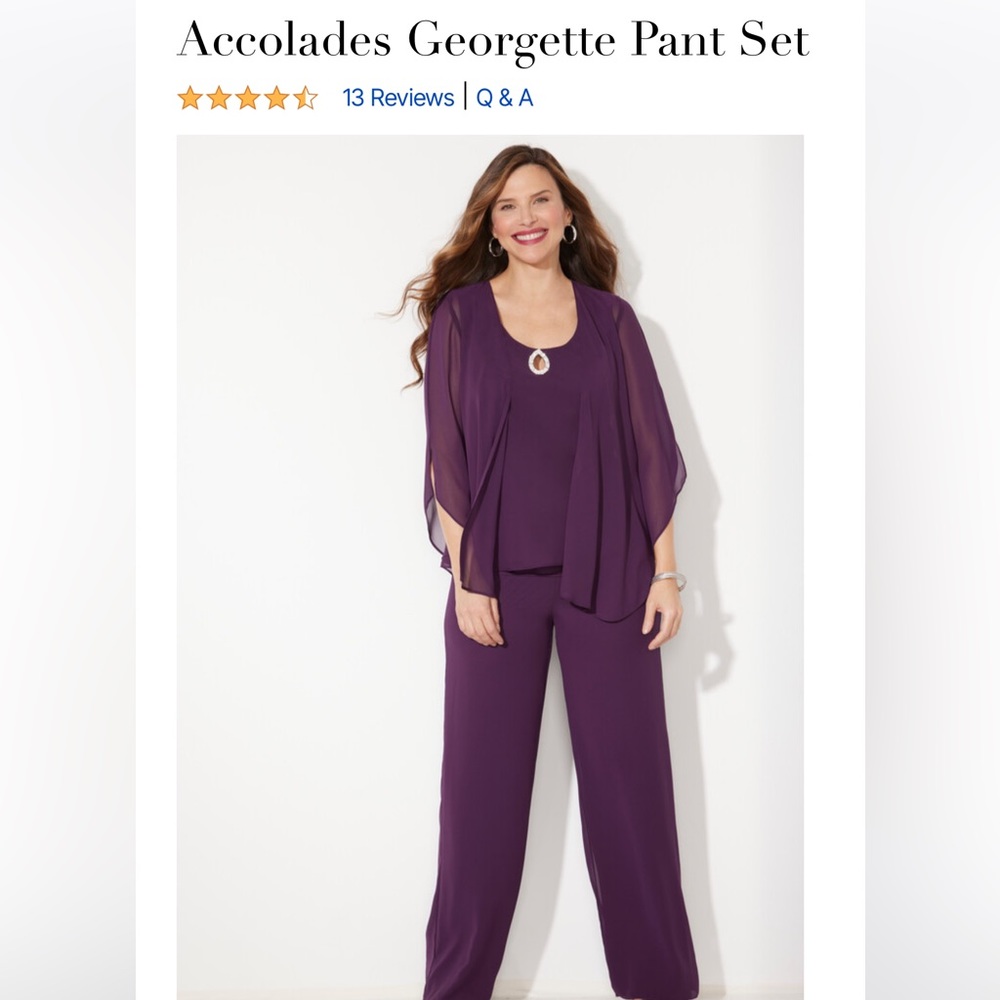 Cathrine’s Accolades Georgette 3 Piece Pant Suit, Eggplant, 26W, NWT